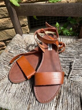 Steve Madden Cognac Leather Ankle-Tie Flat Sandals